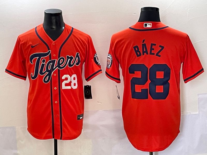 Men 2025 Detroit Tigers 28 Baez Orange Game Nike MLB Jersey style 2
